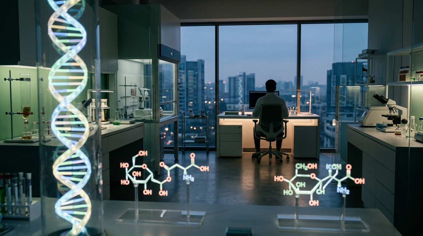 Modern clinical nutrition laboratory with glowing DNA helix and desk ergonomics silhouette