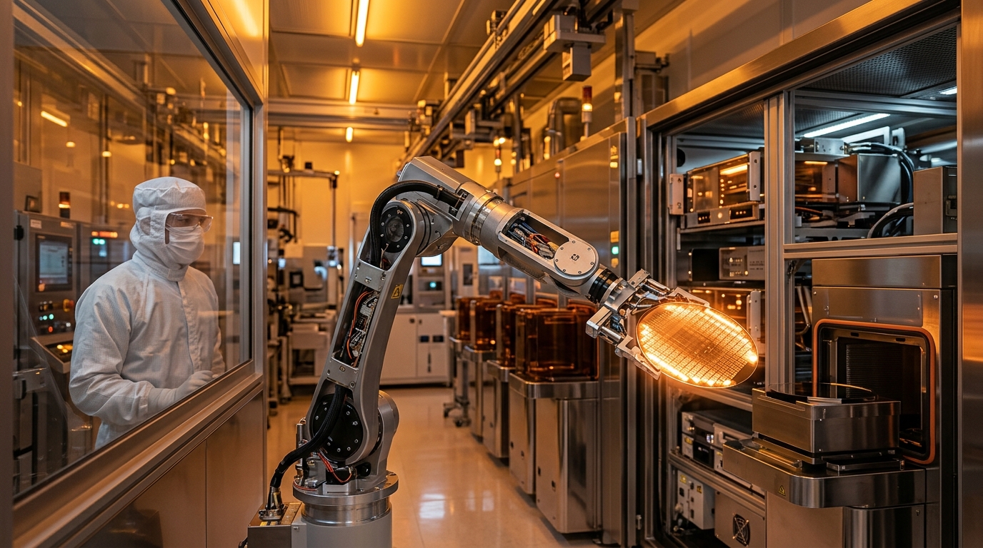 Semiconductor cleanroom fabrication facility with robotic arm handling silicon wafer